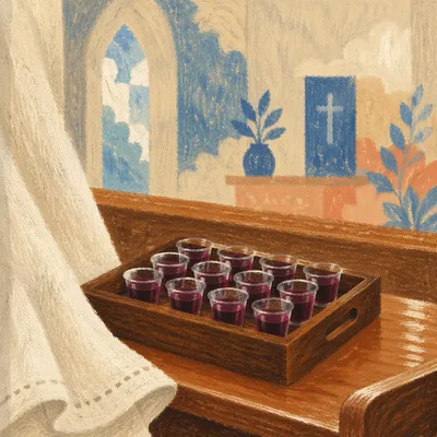 Individual Communion Cups on Wooden Tray