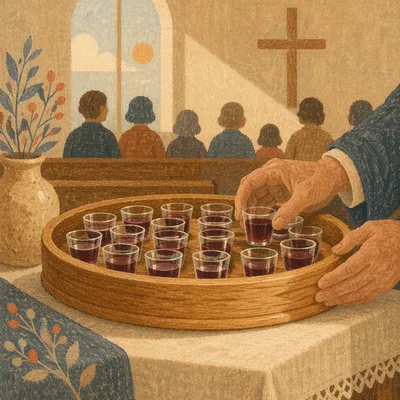 Individual Communion Glasses on Wooden Tray