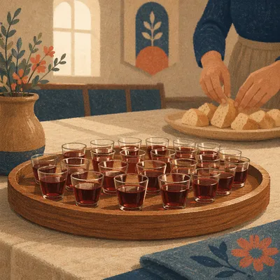 Communion Cups on Wooden Church Tray