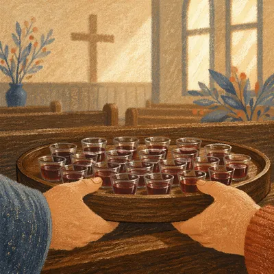 Individual Communion Cups in Wooden Church Tray