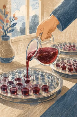 Preparing Communion Cups with Grape Juice