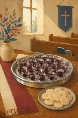 Individual Communion Cups on Wooden Church Table