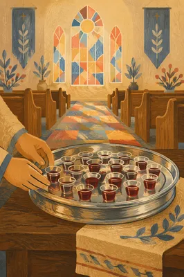 Communion Cups on Silver Tray in Church