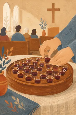 Individual Communion Cups on Wooden Tray