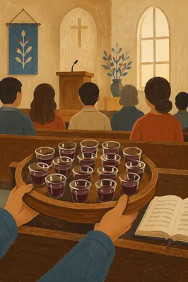 Individual Communion Cups in Wooden Chapel Tray
