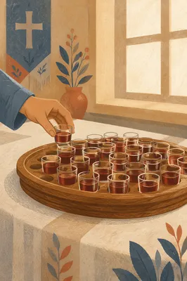 Individual Communion Cups on Wooden Tray
