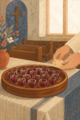 Individual Communion Glasses on Wooden Tray