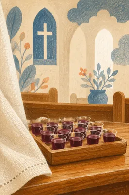 Individual Communion Cups on Wooden Tray