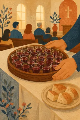 Individual Communion Cups on Wooden Tray