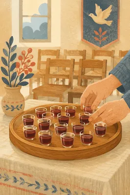 Individual Communion Cups on Wooden Tray