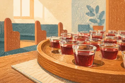Individual Communion Cups in Wooden Church Tray