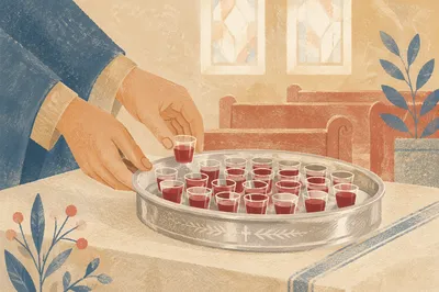 Communion Cups on Silver Tray in Sanctuary