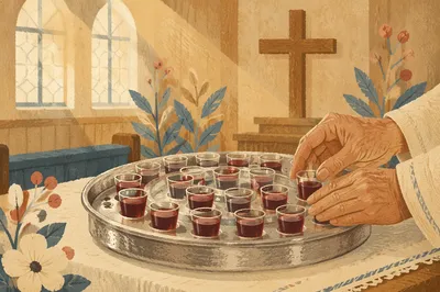 Communion Tray with Individual Cups in Chapel