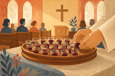 Individual Communion Cups in Wooden Chapel Tray