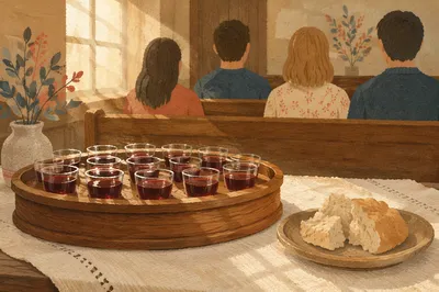 Individual Communion Cups on Wooden Chapel Tray
