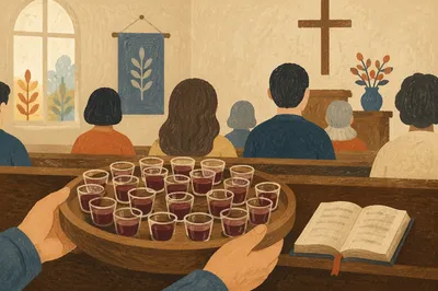 Individual Communion Cups in Wooden Chapel Tray