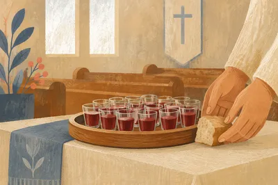 Individual Communion Cups on Wooden Tray