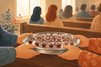 Individual Communion Cups Passed in Chapel Pew