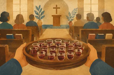 Communion Tray with Individual Cups in Chapel