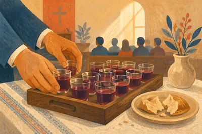 Individual Communion Cups on Wooden Chapel Tray