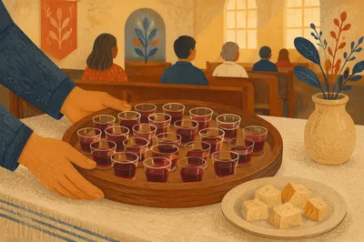 Individual Communion Cups on Wooden Tray