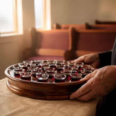Individual Communion Cups in Wooden Chapel Tray