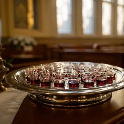 Communion Tray with Individual Cups in Sanctuary