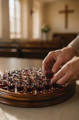 Communion Glasses on Wooden Chapel Tray