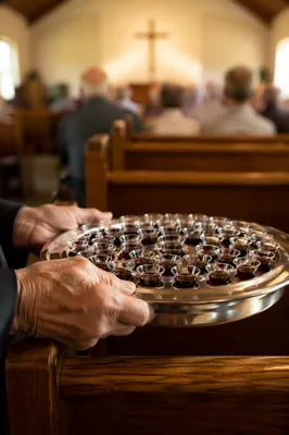 Communion Tray with Elderly Hands in Chapel