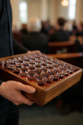Communion Cups in Wooden Church Tray