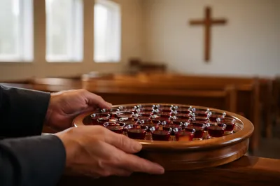 Communion Tray with Individual Cups in Chapel