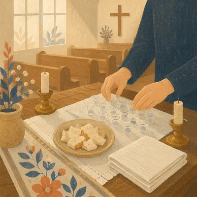 Reverent Communion Table Preparation in Sanctuary