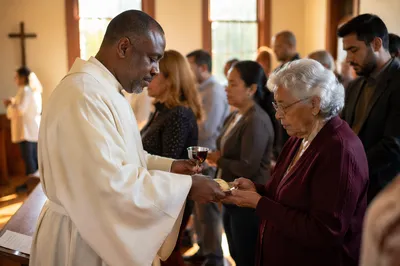 Communion Service in a Sunlit Chapel
