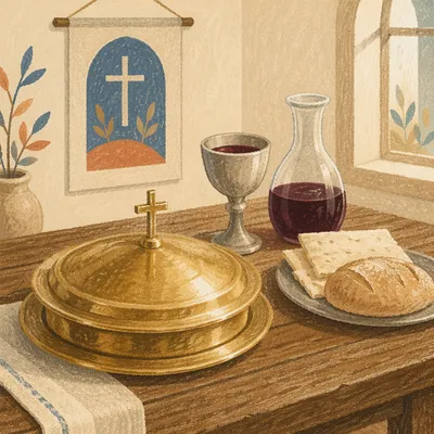 Communion Table with Bread Wine and Chalice