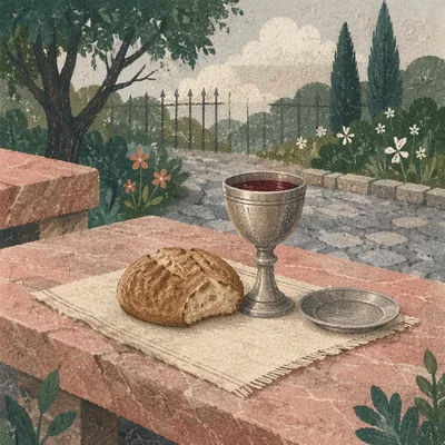 Rustic Communion Table with Bread and Chalice