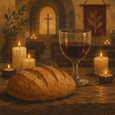 Candlelit Communion Table with Bread and Chalice