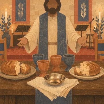 Reverent Communion Table with Bread and Chalices