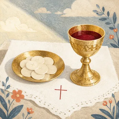 Communion Bread and Chalice on White Altar
