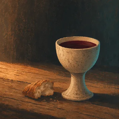 Communion Chalice and Bread on Wooden Table