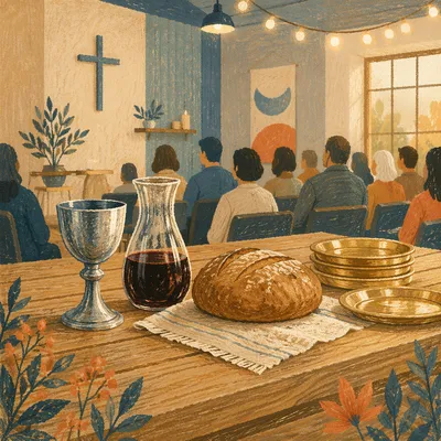 Communion Table with Bread Wine and Chalice