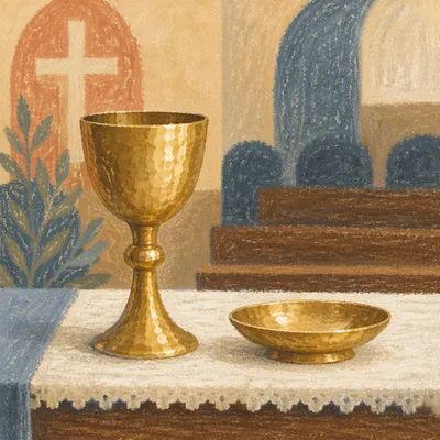 Gold Chalice and Paten on Communion Table