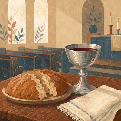 Rustic Communion Table with Bread and Chalice