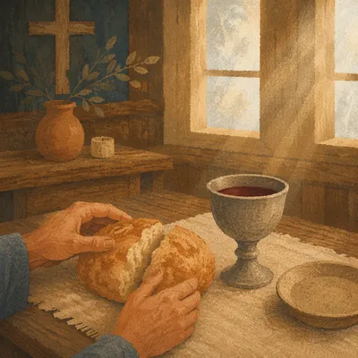 Communion Bread and Chalice in Wooden Chapel