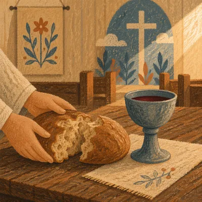 Rustic Communion Table with Bread and Chalice