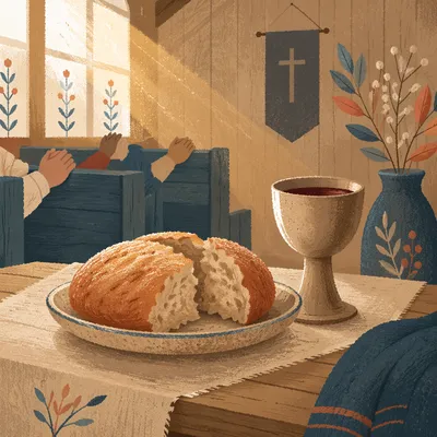 Rustic Communion Table with Bread and Chalice