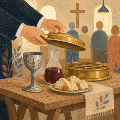 Reverent Communion Table with Bread and Chalice