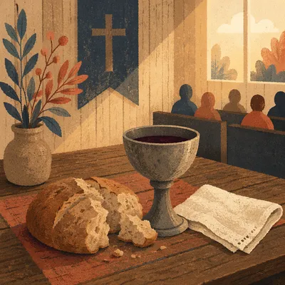 Rustic Communion Table with Bread and Chalice