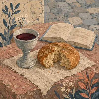 Humble Communion Table with Bread and Chalice