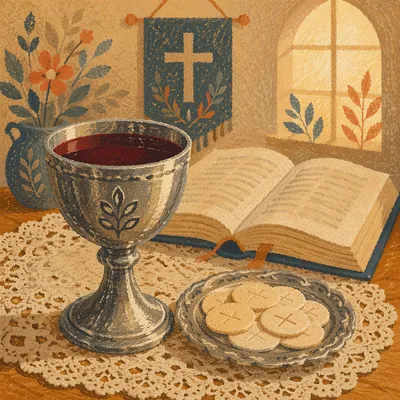 Reverent Communion Table with Chalice and Wafers