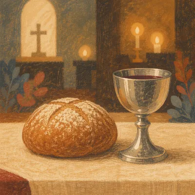 Reverent Communion Table with Bread and Chalice